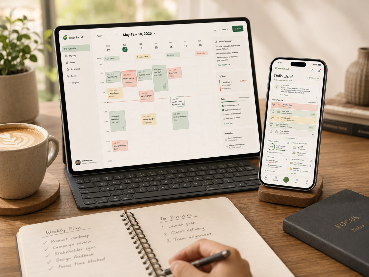 Fresh Parcel used on laptop and phone during desk planning