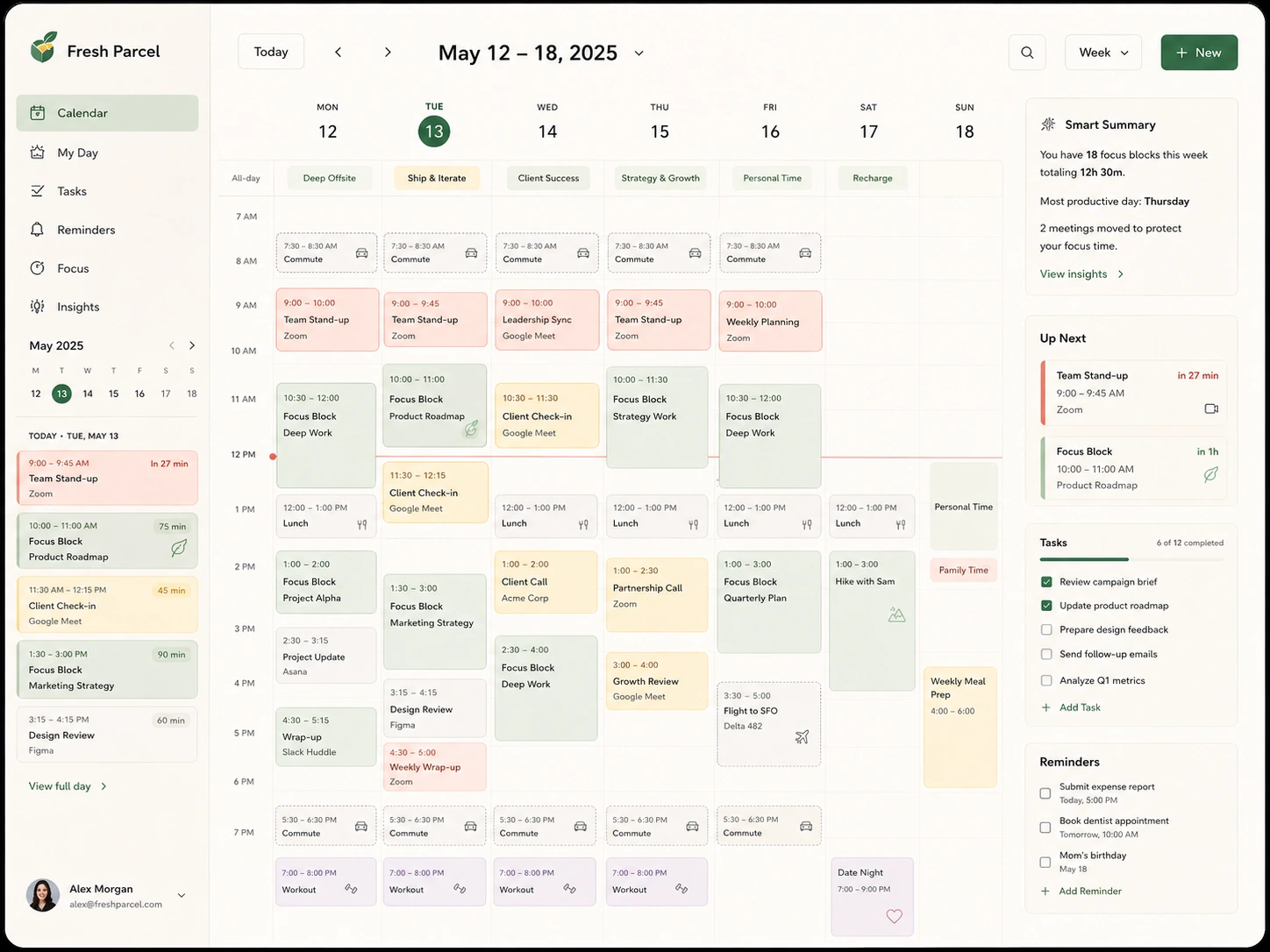 Fresh Parcel connected calendar flow with tasks and reminders