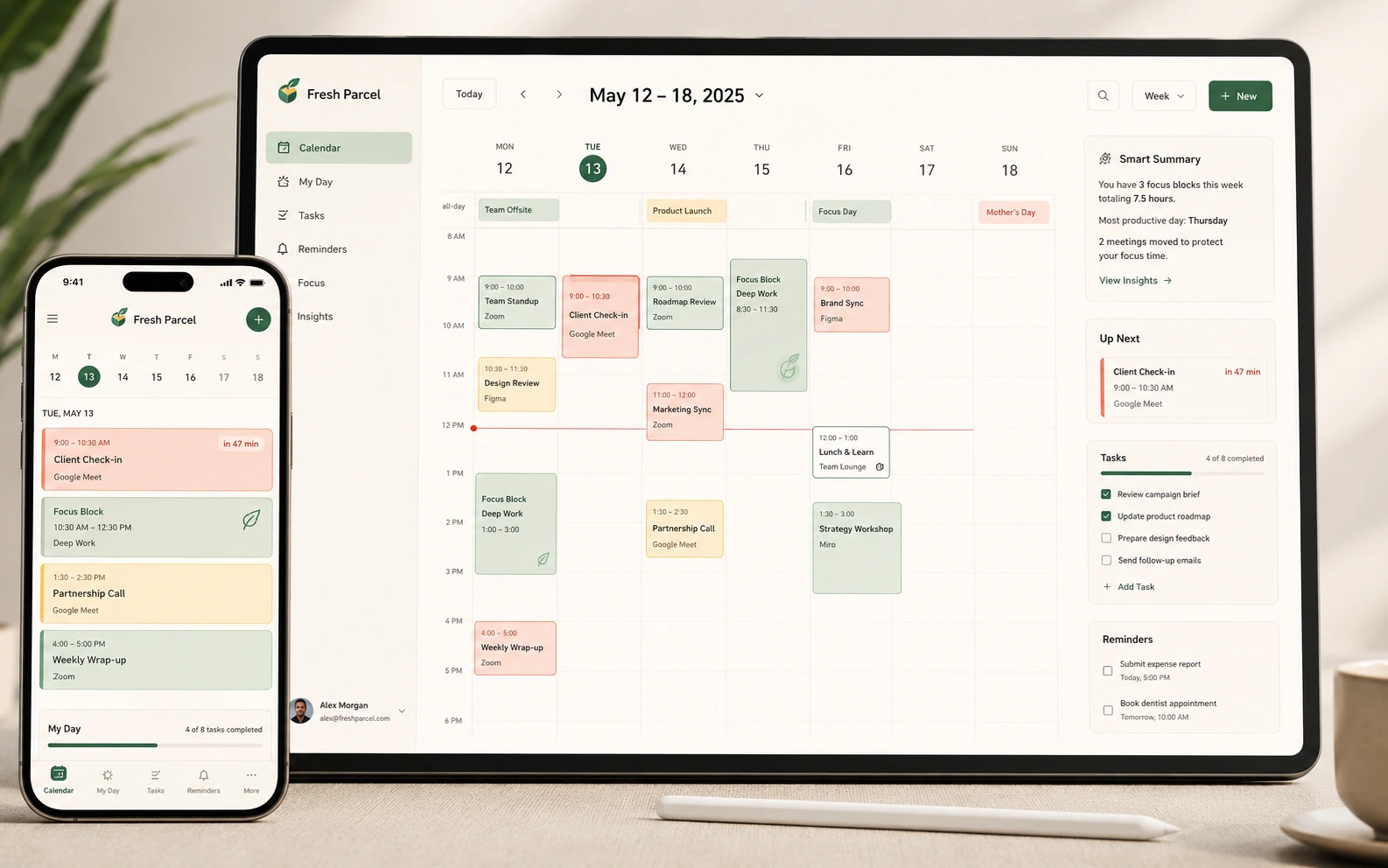 Fresh Parcel smart calendar dashboard with phone and weekly route
