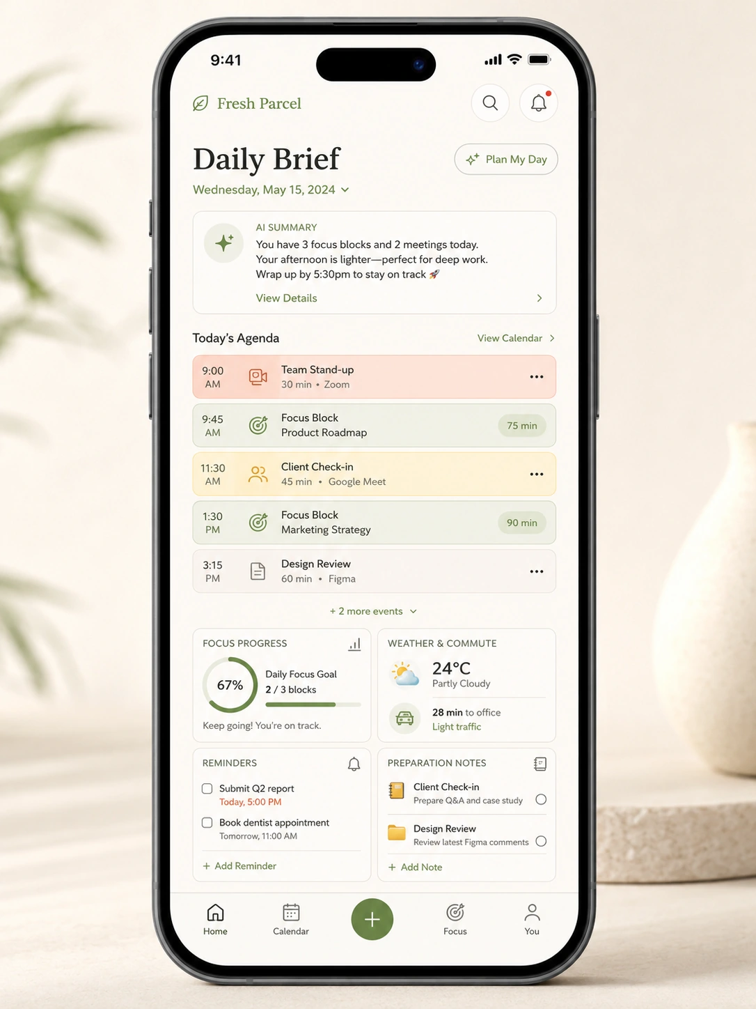 Fresh Parcel daily brief phone screen with meetings and focus blocks